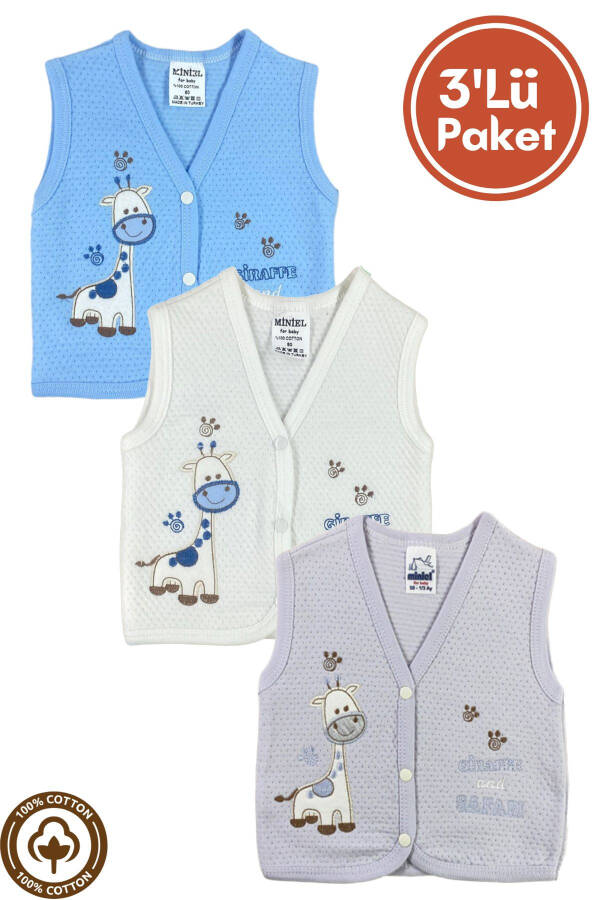 Unisex Baby Giraffe Embroidered Organic Cotton 3-Piece Quilted Vest Set for 3-6-9 Months. - 5