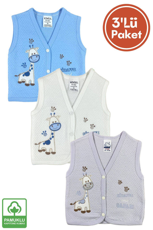 Unisex Baby Giraffe Embroidered Organic Cotton 3-Piece Quilted Vest Set for 3-6-9 Months. - 1