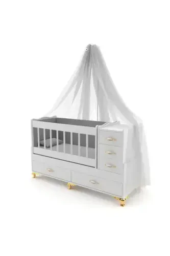 Unisex Baby Grey Avantgarde Gold 5 Drawer Crib Set (Crib+Mattress+Sleep Set+Mosquito Net Set)-Grey - 1