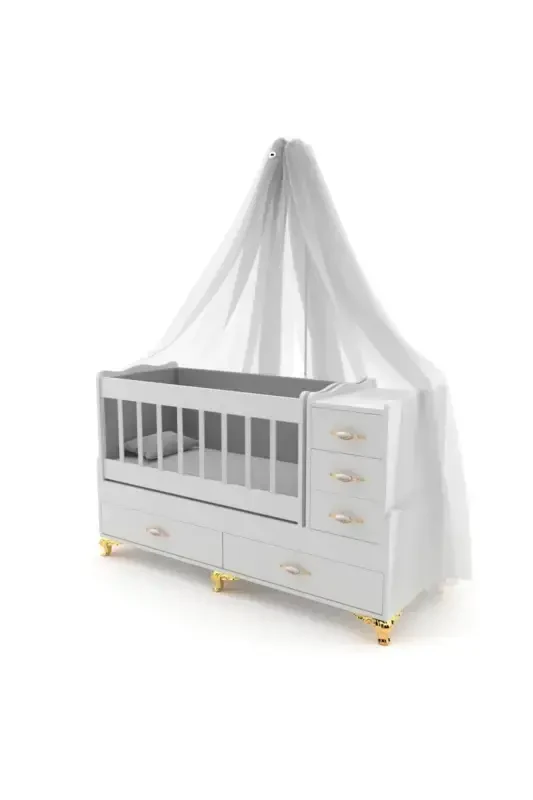 Unisex Baby Grey Avantgarde Gold 5 Drawer Crib Set (Crib+Mattress+Sleep Set+Mosquito Net Set)-Grey - Modazone