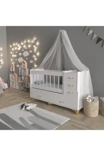Unisex Baby Grey Avantgarde Gold 5 Drawer Crib Set (Crib+Mattress+Sleep Set+Mosquito Net Set)-Grey - Modazone (1)