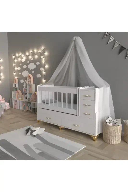 Unisex Baby Grey Avantgarde Gold 5 Drawer Crib Set (Crib+Mattress+Sleep Set+Mosquito Net Set)-Grey - 2