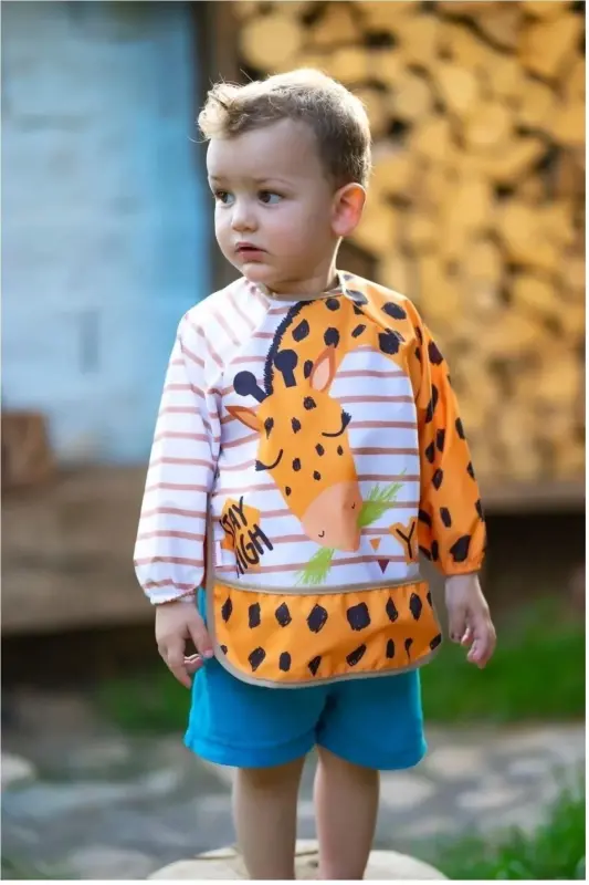 Unisex Baby Orange Cute Giraffe Long Sleeve Pocket Wearable Bib Activity Bib - 1