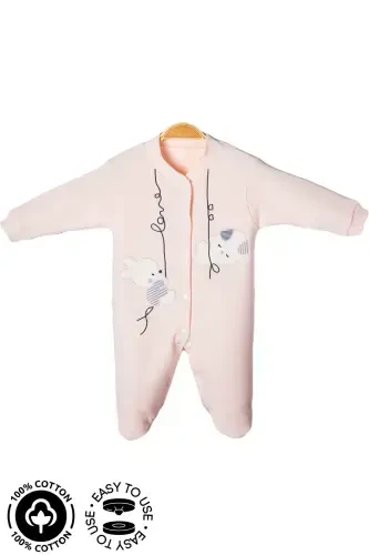 Unisex Baby Rabbit Embroidered 3-6-9 Months Jersey Organic Cotton Footed Baby Romper-SALMON - 1