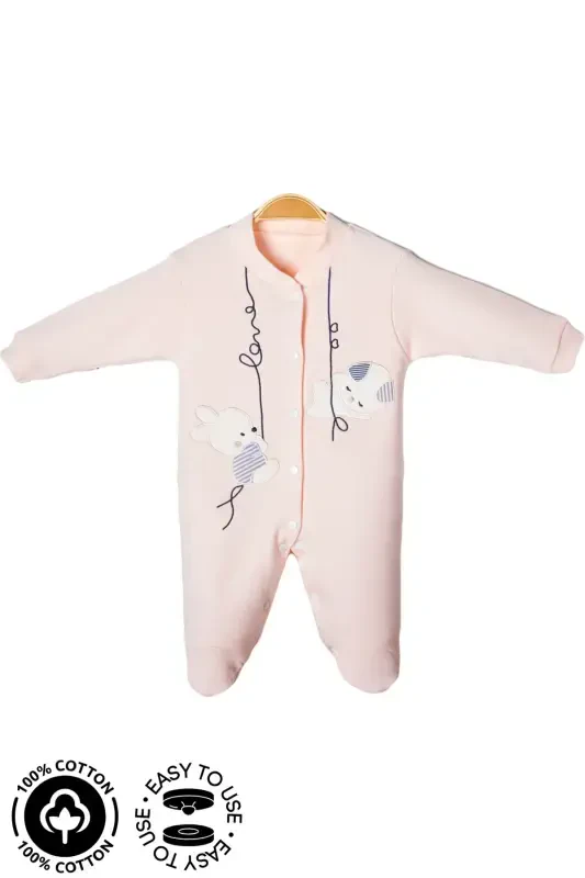 Unisex Baby Rabbit Embroidered 3-6-9 Months Jersey Organic Cotton Footed Baby Romper-SALMON - MINIEL