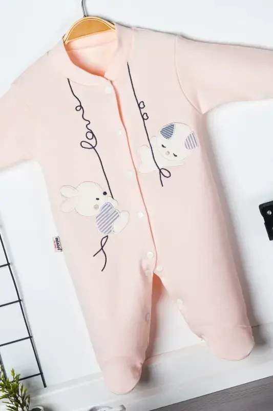 Unisex Baby Rabbit Embroidered 3-6-9 Months Jersey Organic Cotton Footed Baby Romper-SALMON - 3