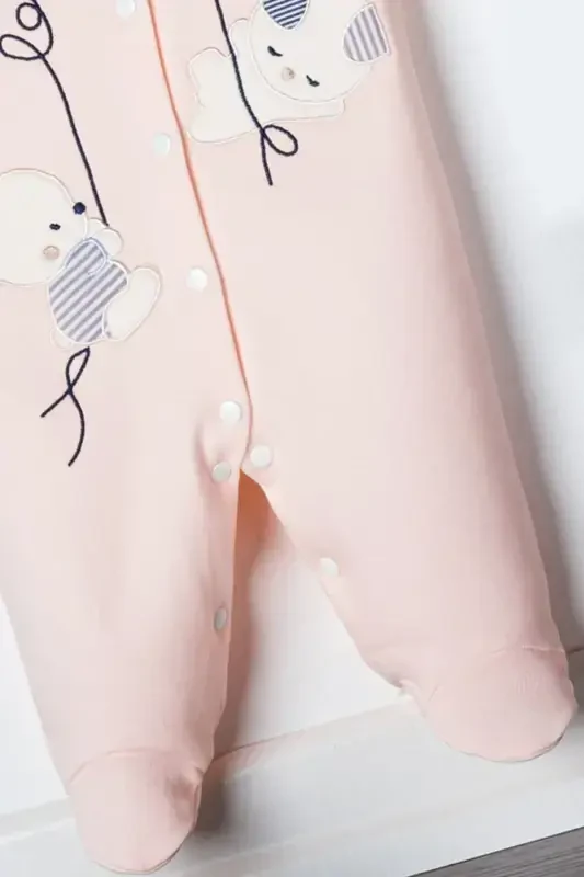 Unisex Baby Rabbit Embroidered 3-6-9 Months Jersey Organic Cotton Footed Baby Romper-SALMON - 4