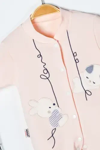 Unisex Baby Rabbit Embroidered 3-6-9 Months Jersey Organic Cotton Footed Baby Romper-SALMON - 6