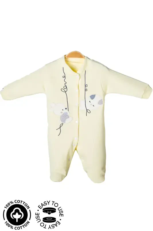 Unisex Baby Rabbit Embroidered 3-6-9 Months Jersey Organic Cotton Footed Baby Romper-YELLOW - MINIEL