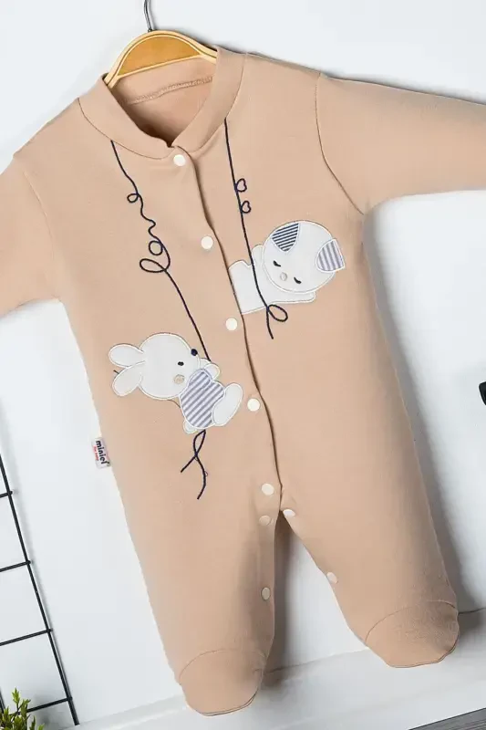 Unisex Baby Rabbit Embroidered 3-6-9 Months Knitted Organic Cotton Footed Baby Jumpsuit-BEIGE - MINIEL