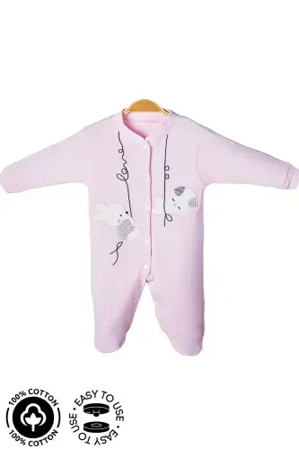 Unisex Baby Rabbit Embroidered 3-6-9 Months Knitted Organic Cotton Footed Baby Romper-PINK - 1