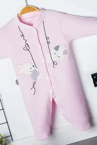Unisex Baby Rabbit Embroidered 3-6-9 Months Knitted Organic Cotton Footed Baby Romper-PINK - 3