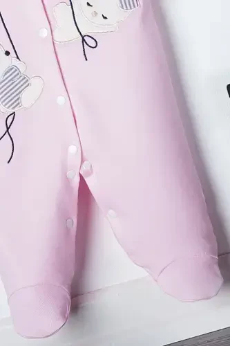 Unisex Baby Rabbit Embroidered 3-6-9 Months Knitted Organic Cotton Footed Baby Romper-PINK - 4