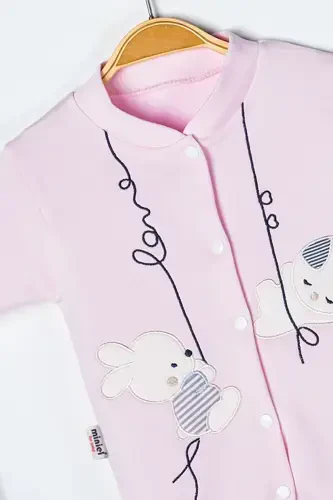 Unisex Baby Rabbit Embroidered 3-6-9 Months Knitted Organic Cotton Footed Baby Romper-PINK - 6