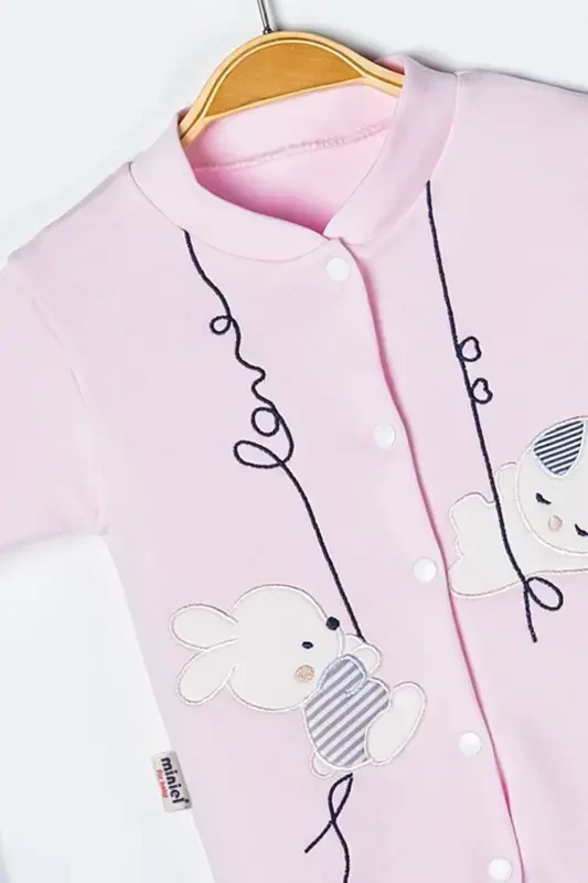Unisex Baby Rabbit Embroidered 3-6-9 Months Knitted Organic Cotton Footed Baby Romper-PINK - 6