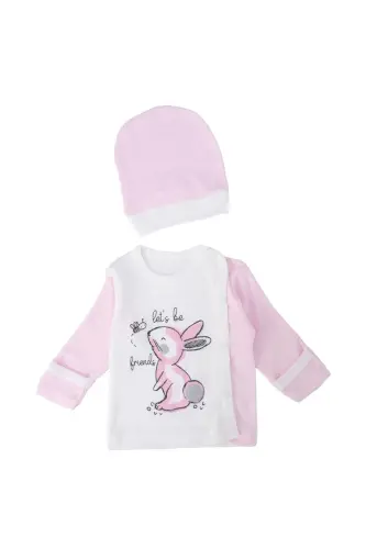 Unisex Baby Rabbit Print Snap Fastener Bodysuit with Hat - 2