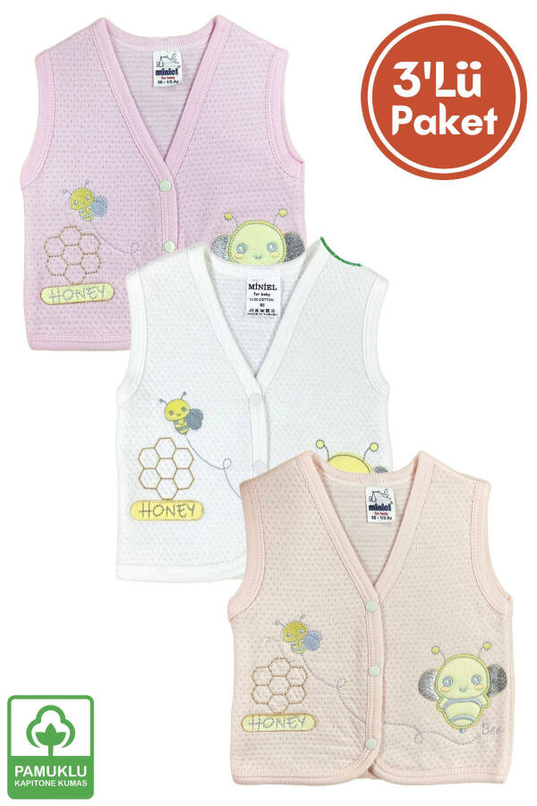 Unisex Baby Vest Set, 3-piece, Quilted, Bee Embroidery, Organic Cotton, 3-6-9 Months - 1