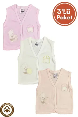 Unisex Baby Vest Set, Organic Cotton, Bear Embroidery, 3-6-9 Months, Pack of 3 - 1