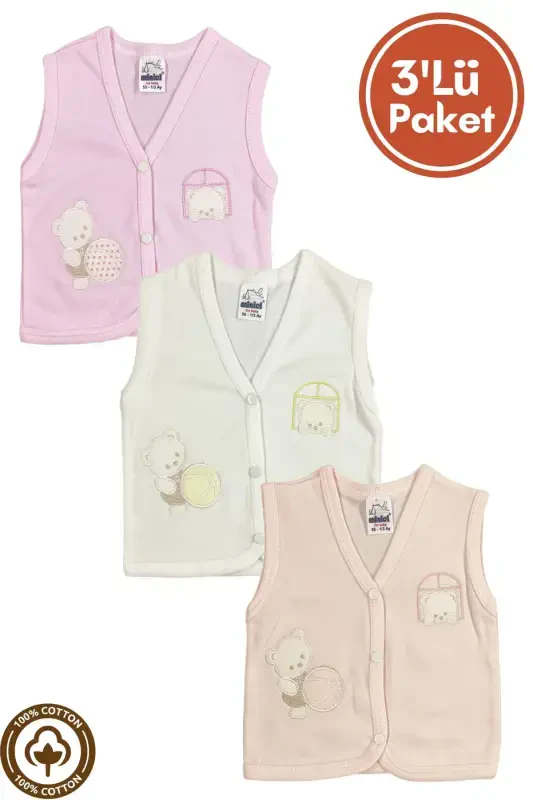 Unisex Baby Vest Set, Organic Cotton, Bear Embroidery, 3-6-9 Months, Pack of 3 - 1