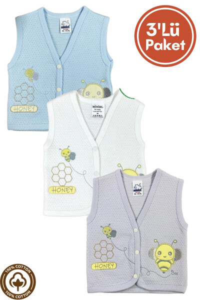 Unisex Baby Vest Set, Organic Cotton, Bee Embroidery, 3-6-9 Months, Quilted - 5