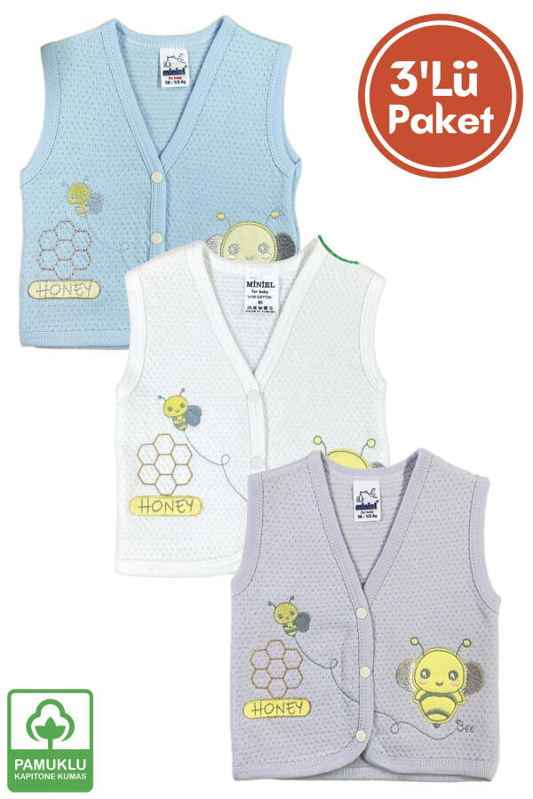 Unisex Baby Vest Set, Organic Cotton, Bee Embroidery, 3-6-9 Months, Quilted - 1