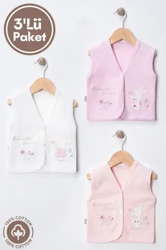 Unisex Baby Vest Set, Organic Cotton, Canvas Rabbit Embroidery, 3-6-9 Months, 3 Pack - 3