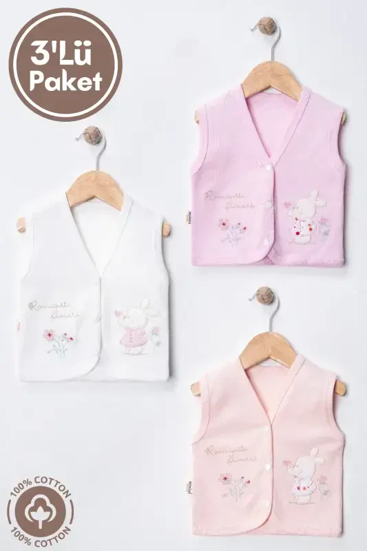 Unisex Baby Vest Set, Organic Cotton, Canvas Rabbit Embroidery, 3-6-9 Months, 3 Pack - 3