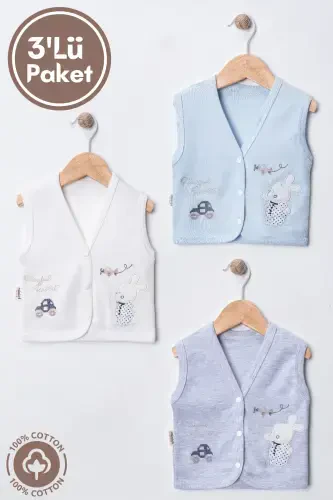 Unisex baby vest set, organic cotton knit, with embroidered rabbit, 3-6-9 months. - 3