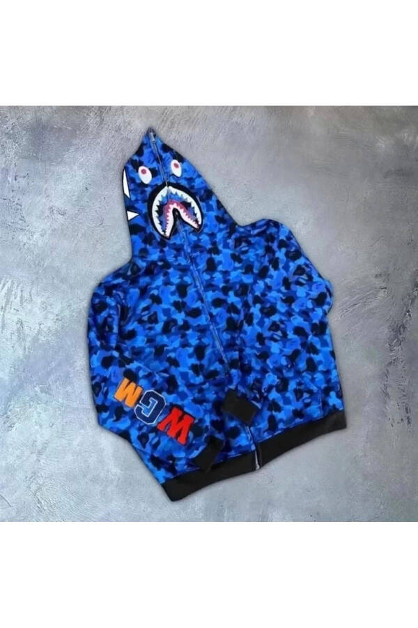 Unisex Bape Kapüşonlu Fermuarlı Hırka, 2 İplik - Mavi - 1