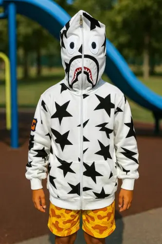 Unisex Bape Nakış İşlemeli mevsimlik 2iplik Hırka göz kısmı açık-Beyaz - AXXAN (1)
