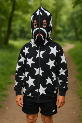 Unisex Bape Nakış İşlemeli mevsimlik 2iplik Hırka göz kısmı açık - Siyah 