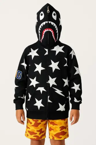 Unisex Bape Nakış İşlemeli mevsimlik 2iplik Hırka göz kısmı açık - Siyah - AXXAN (1)