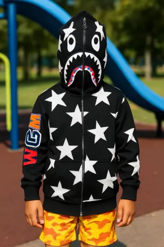 Unisex Bape Nakış İşlemeli mevsimlik 2iplik Hırka göz kısmı açık-Siyah - 3
