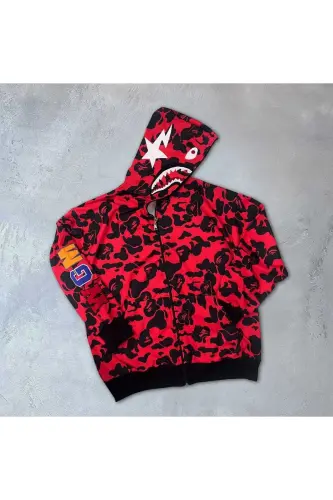Unisex Bape Nakış İşlemeli mevsimlik 2iplik Hırka - kırmızı - 2