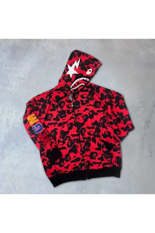 Unisex Bape Вышитая нашивка Демисезонная толстовка на молнии из двухниточного футера - красная - 2