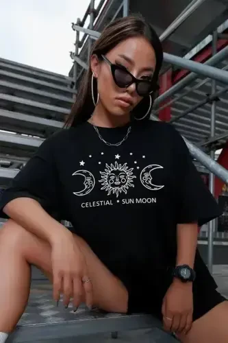 Unisex Baskılı Oversize T-Shirt - Siyah - 4