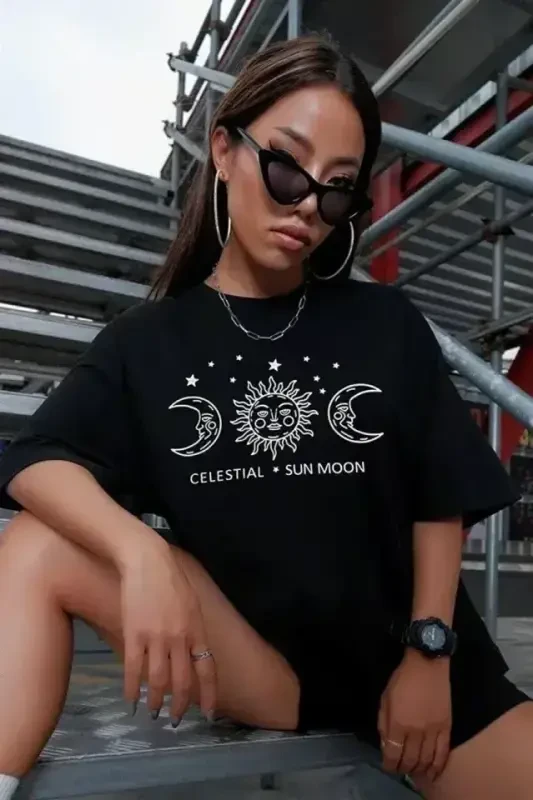 Unisex Baskılı Oversize T-Shirt - Siyah - 4