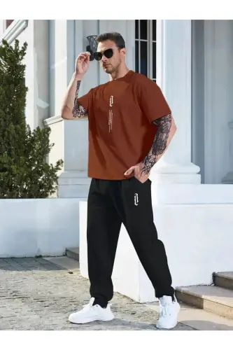 UNISEX Baskılı Eşofman Takımı - Bisiklet Yaka T-shirt & Jogger Eşofman Altı-KAHVERENGİ 