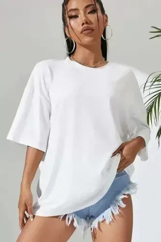 Unisex Baskılı Oversize T-Shirt - Beyaz - BÜYÜKBEDENIZ (1)