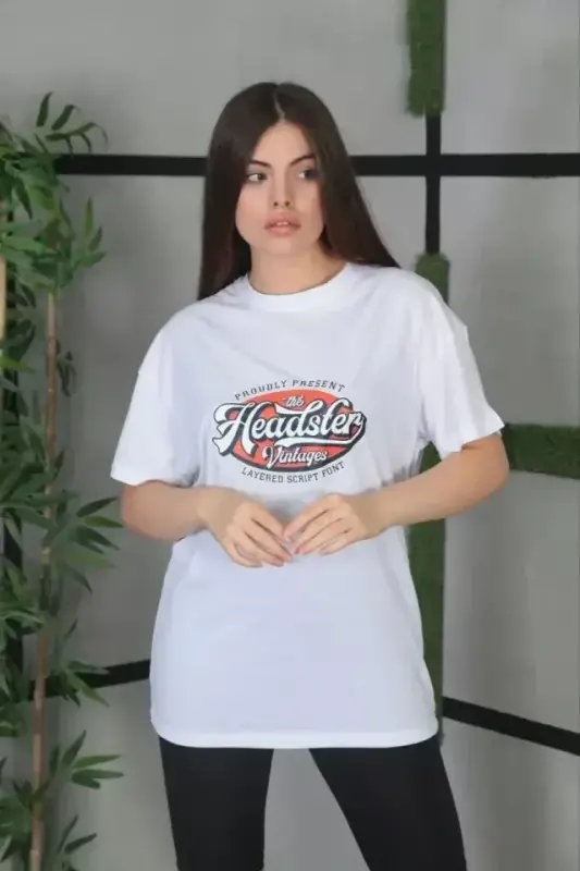 Unisex Baskılı Oversize T-Shirt - Beyaz - BÜYÜKBEDENIZ