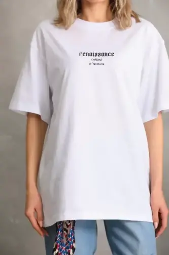 Unisex Baskılı Oversize T-Shirt - Beyaz - 3