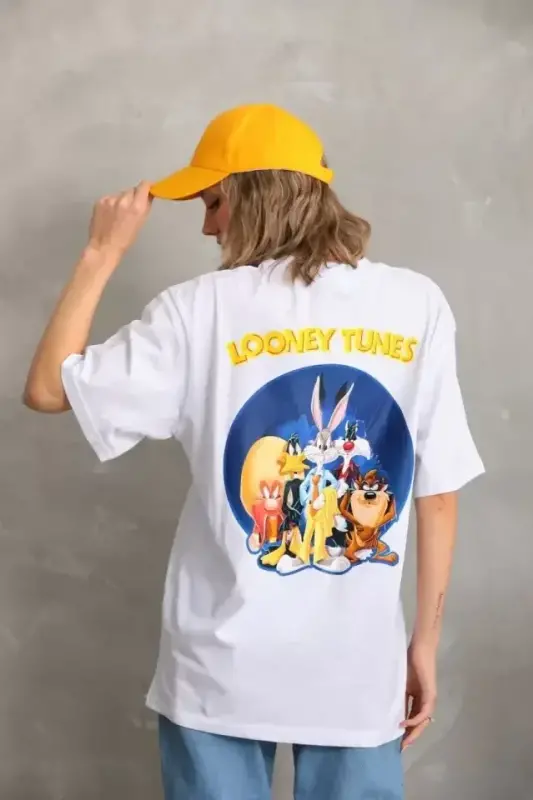 Unisex Baskılı Oversize T-Shirt - Beyaz - BÜYÜKBEDENIZ