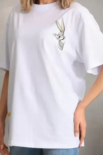 Unisex Baskılı Oversize T-Shirt - Beyaz - BÜYÜKBEDENIZ (1)