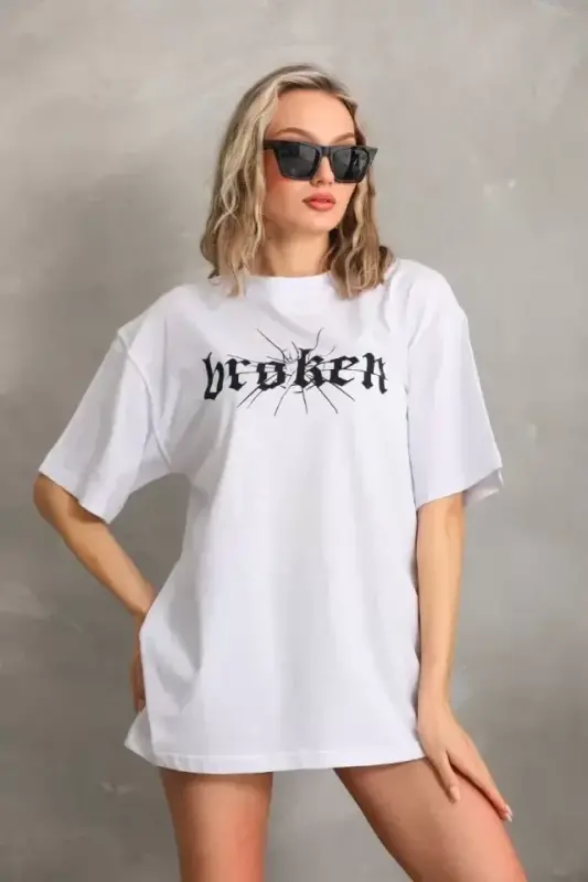Unisex Baskılı Oversize T-Shirt - Beyaz - BÜYÜKBEDENIZ