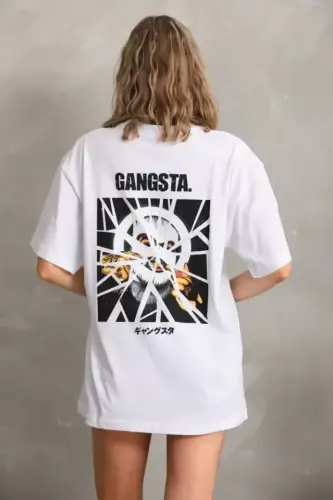 Unisex Baskılı Oversize T-Shirt - Beyaz - BÜYÜKBEDENIZ (1)