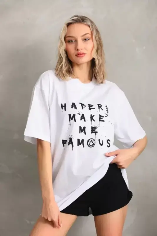 Unisex Baskılı Oversize T-Shirt - Beyaz - BÜYÜKBEDENIZ