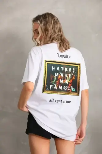 Unisex Baskılı Oversize T-Shirt - Beyaz - BÜYÜKBEDENIZ (1)