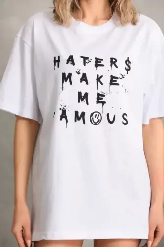 Unisex Baskılı Oversize T-Shirt - Beyaz - 3
