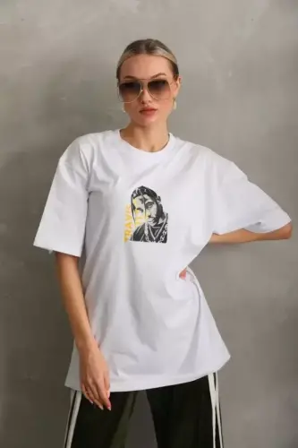 Unisex Baskılı Oversize T-Shirt - Beyaz - BÜYÜKBEDENIZ (1)