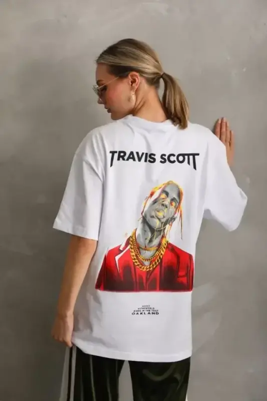 Unisex Baskılı Oversize T-Shirt - Beyaz - BÜYÜKBEDENIZ